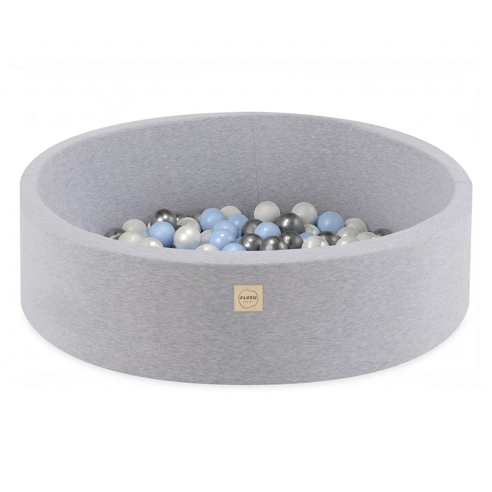 Bazének s míčky Plush Nest, světle šedá bavlna 90 × 30 cm, světle modré, stříbrné a perleťové míčky