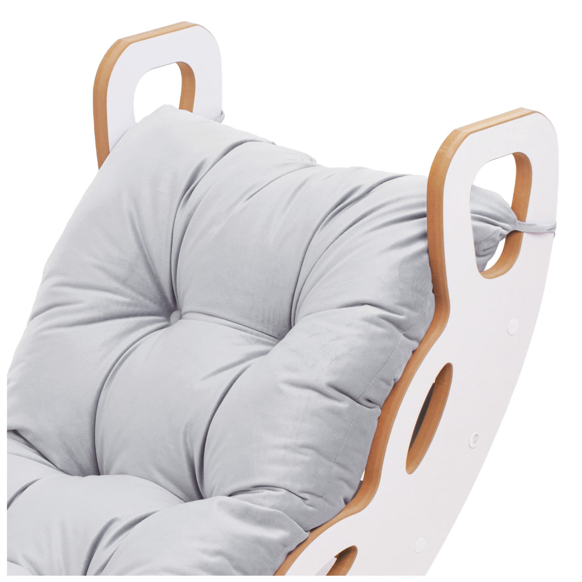 Montessori houpadlo 4v1 Plush Nest, bílé MDF s lezeckou stěnou, skluzavkou a šedým polštářem – fotografie 4