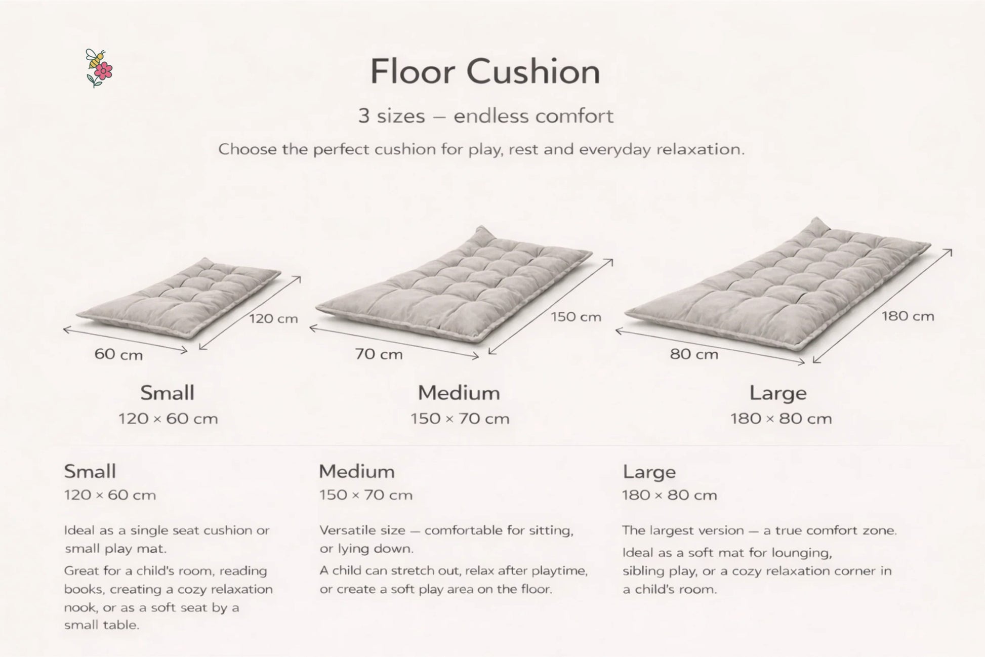 Quilted Kids' Floor Cushion, Green, 3 Sizes Available