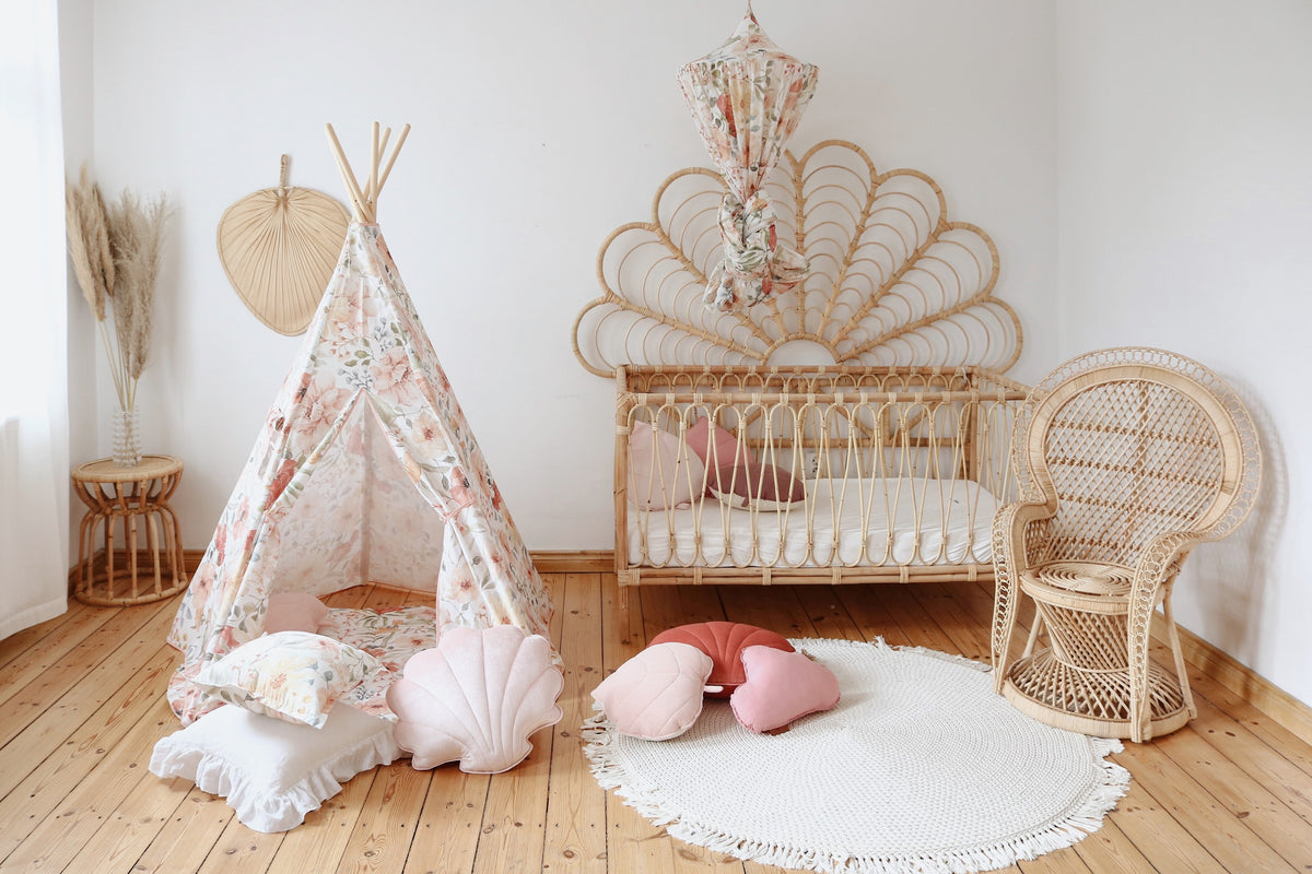 Teepee pro děti Flower Power moi mili s ručně malovanými květinami a okénkem se záclonkou – fotografie 4