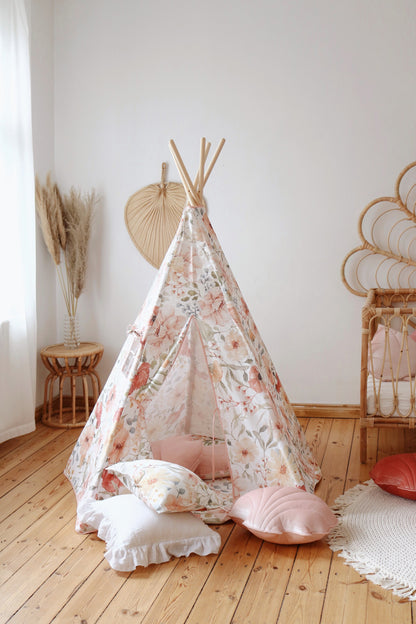 Teepee pro děti Flower Power moi mili s ručně malovanými květinami a okénkem se záclonkou – fotografie 2