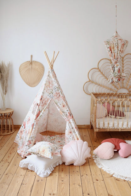 Teepee pro děti Flower Power moi mili s ručně malovanými květinami a okénkem se záclonkou – fotografie 6