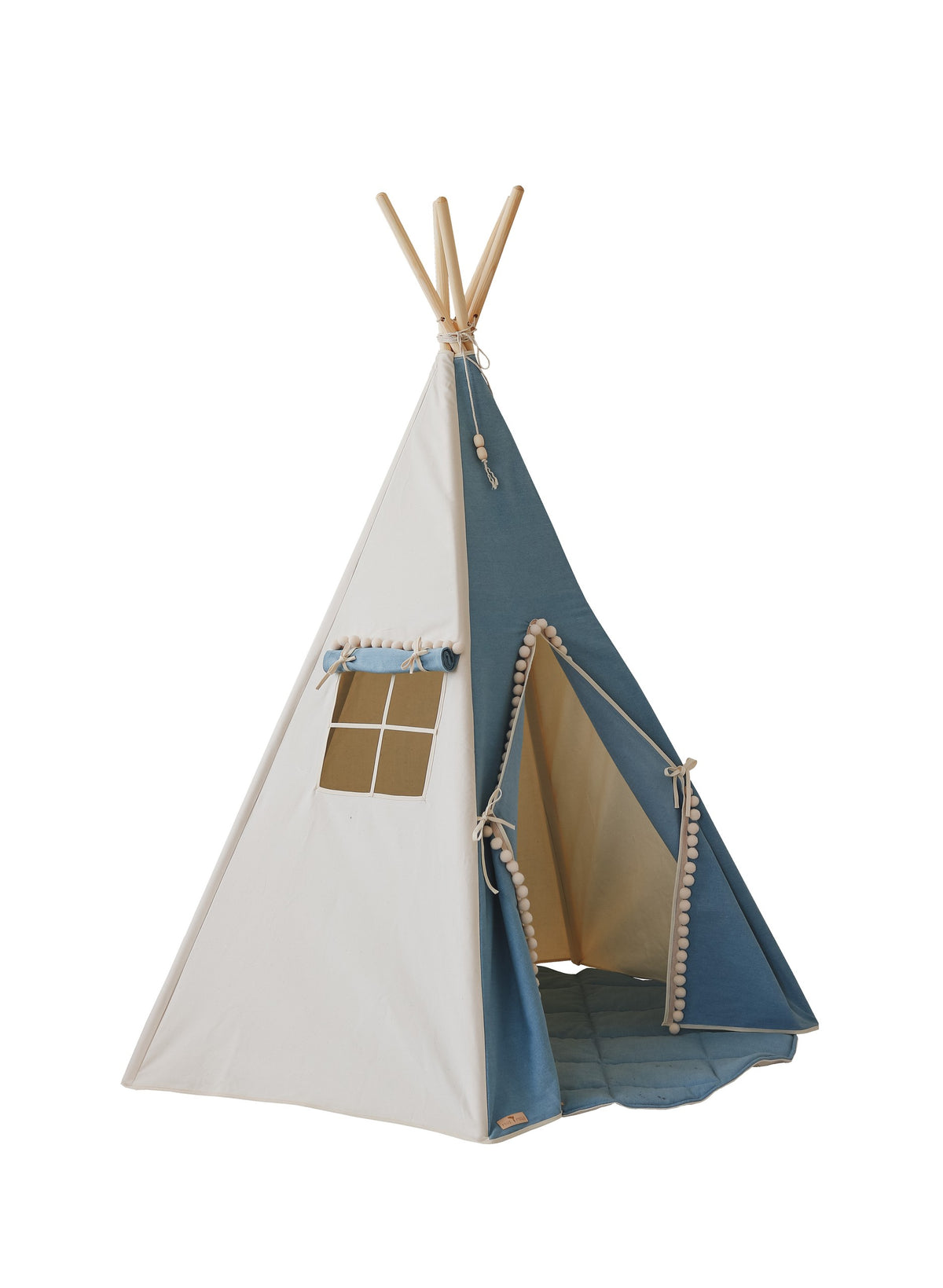 Džínové teepee moi mili s velkými bambulkami, bavlna a džínovina, okénko se záclonkou