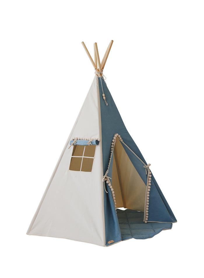 Dětské teepee z bavlny moi mili – Džínová s bambulkami
