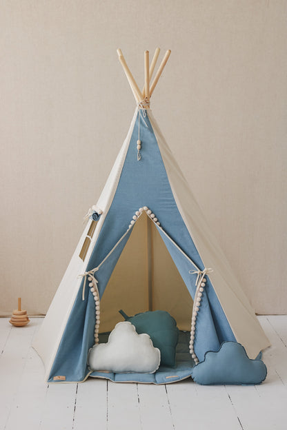 Džínové teepee moi mili s velkými bambulkami, bavlna a džínovina, okénko se záclonkou – fotografie 6