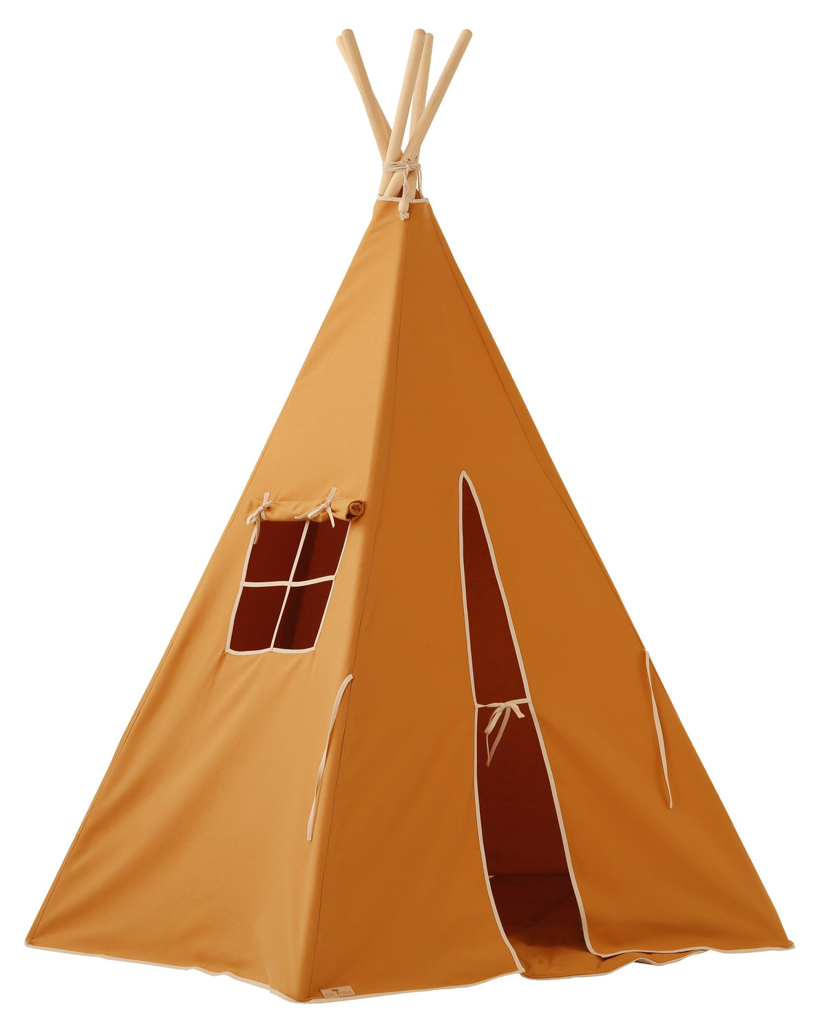 Okrové týpí pro děti moi mili z bavlny, jednobarevné, s okénkem a borovicovými tyčemi – fotografie 3
