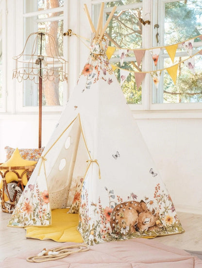 Dětské teepee Wildflowers moi mili s potiskem lučních květin, bavlna a borovicové tyče – fotografie 3