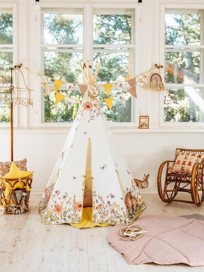 Dětské teepee Wildflowers moi mili s potiskem lučních květin, bavlna a borovicové tyče – fotografie 5