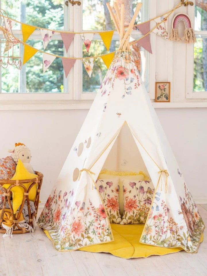 Dětské teepee Wildflowers moi mili s potiskem lučních květin, bavlna a borovicové tyče – fotografie 4