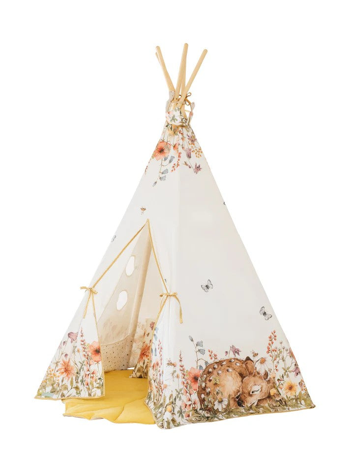 Dětské teepee Wildflowers moi mili s potiskem lučních květin, bavlna a borovicové tyče