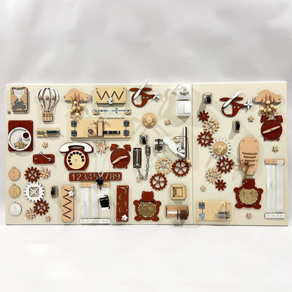 Dvoudílný activity board na zeď BusyBunnyToys 60 × 80 + 60 × 39 cm, terakotové provedení