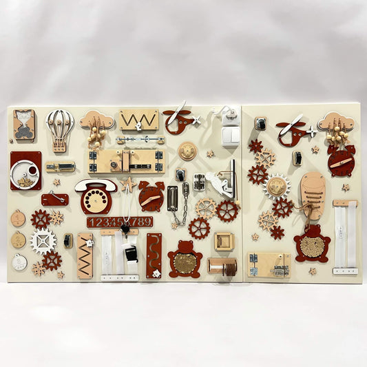 Dvoudílný activity board na zeď BusyBunnyToys 60 × 80 + 60 × 39 cm, terakotové provedení