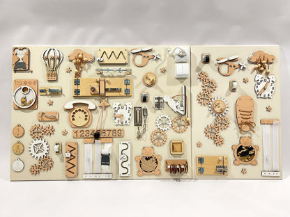 Dvoudílný activity board na zeď BusyBunnyToys 60 × 80 + 60 × 39 cm, béžové provedení