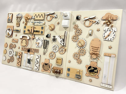 Dvoudílný activity board na zeď BusyBunnyToys 60 × 80 + 60 × 39 cm, béžové provedení, pohled z boku – fotka 4