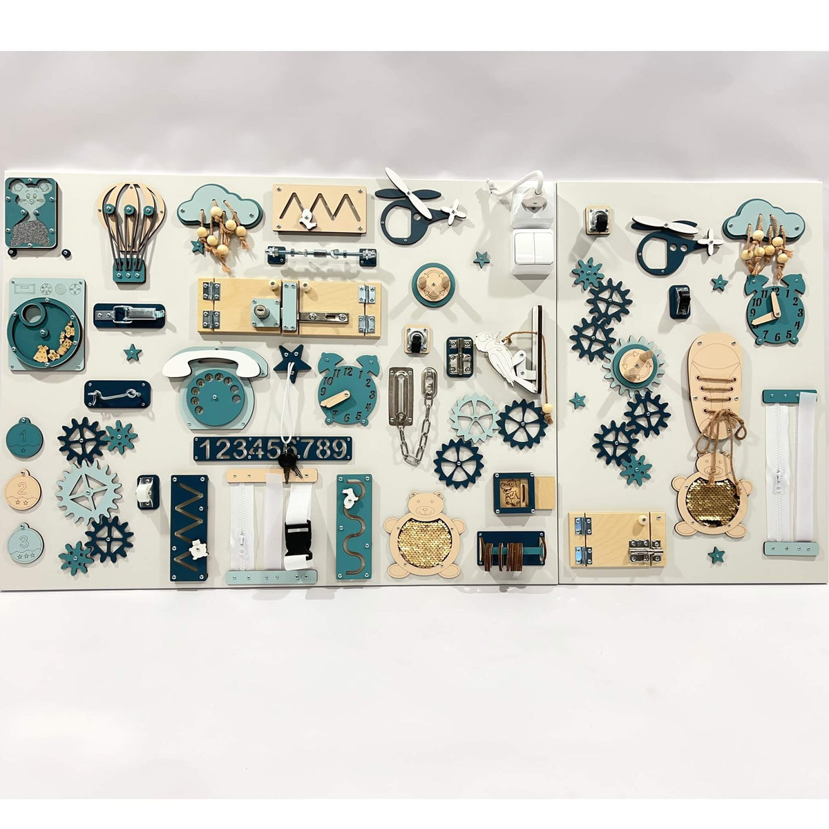 Dvoudílný activity board na zeď BusyBunnyToys 60 × 80 + 60 × 39 cm, petrolejové provedení