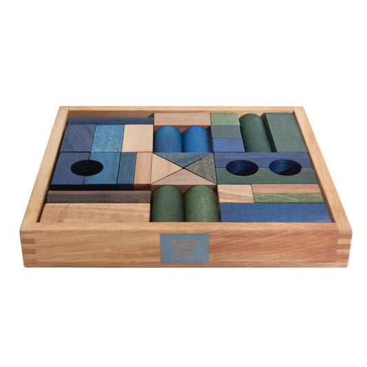 Dřevěné kostky Wooden Story v krabičce, studené barvy – zelená, modrá, hnědá, 30 ks – pohled 2