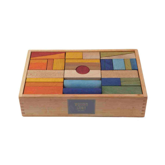 Dřevěné kostky Wooden Story XL v dřevěné krabičce, barevné (duhové), 63 ks