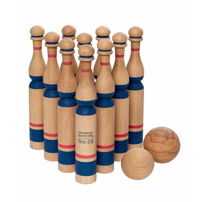 Dřevěné kuželky Wooden Story v modrém provedení, 10 kuželek a 2 koule