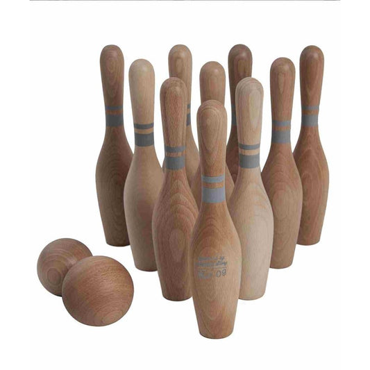 Dřevěné kuželky Wooden Story v přírodním provedení, 10 kuželek a 2 koule s lněným vakem
