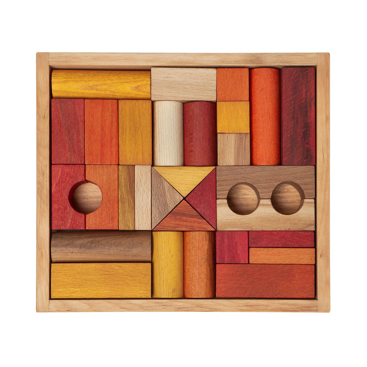 Dřevěné kostky Wooden Story v krabičce, teplé barvy – červená, oranžová, žlutá, 30 ks