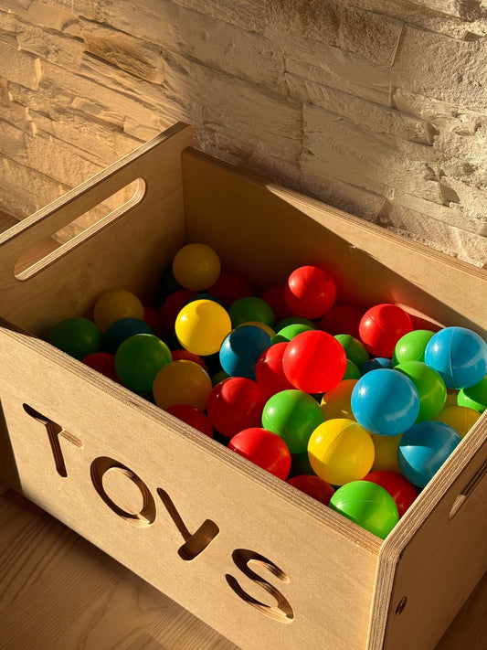 Dřevěný box na hračky OakHill bez víka, s výřezem TOYS a úchyty na obou stranách